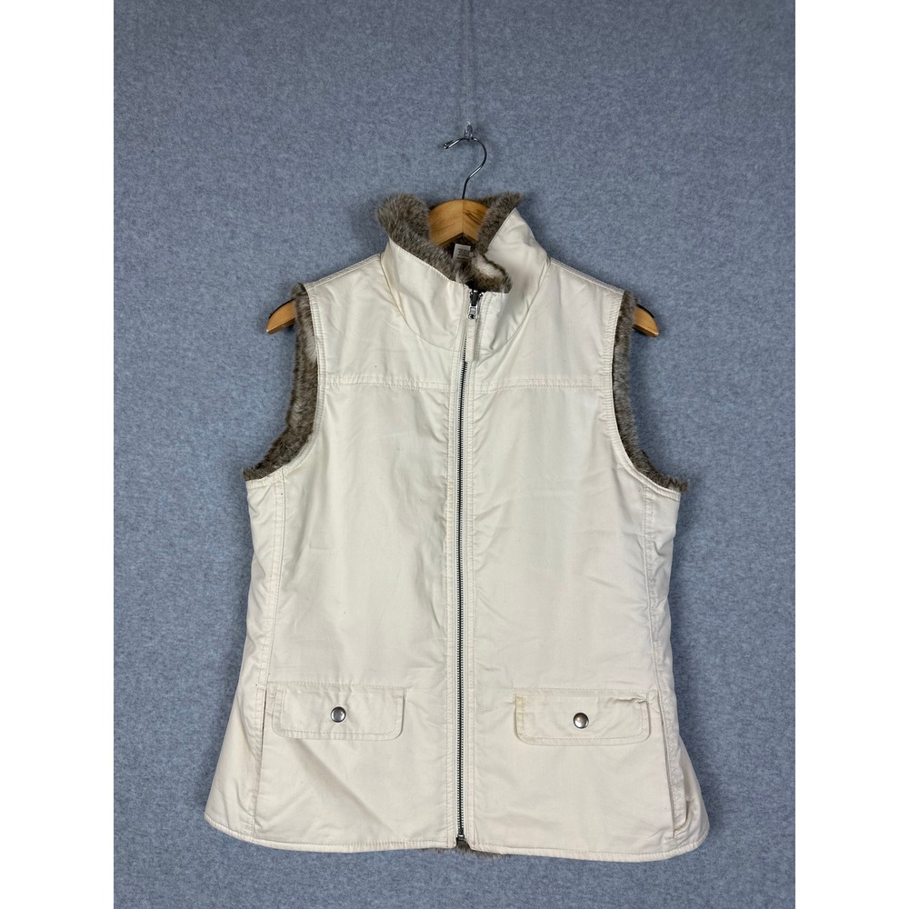 GAP Reversible Vest Cream‎ Faux Fur Trim Zip Front Pockets Women's Medium